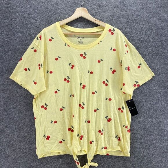 New OnFire T-Shirt Women 3X Plus Yellow Cherry Print Crew Neck Short Sleeve - Picture 3 of 10